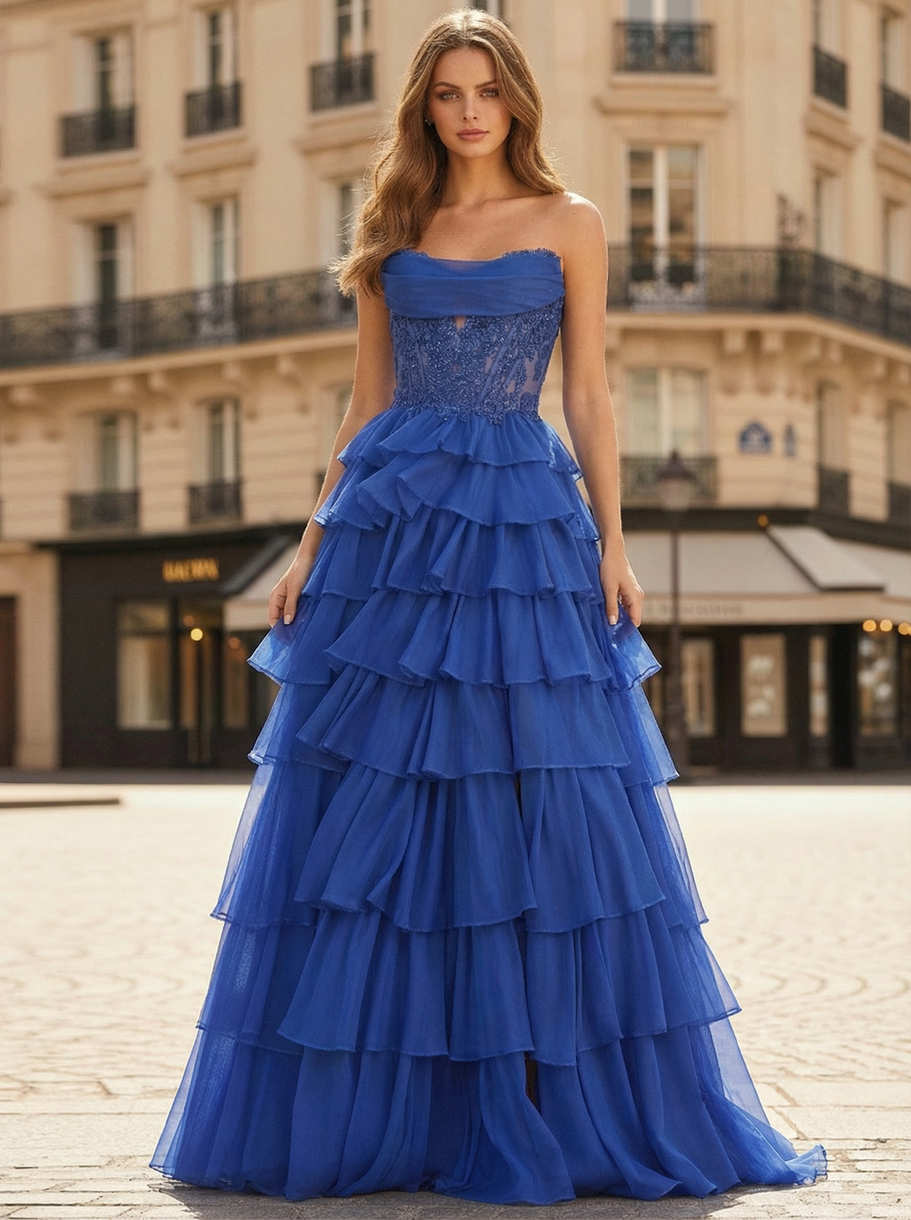 Royal Blue Tiered Ruffle Corset Chiffon A-Line Prom Dress