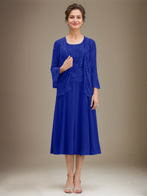 A-line Scoop Tea-Length Lace Chiffon Mother of the Bride Dress With Sequins