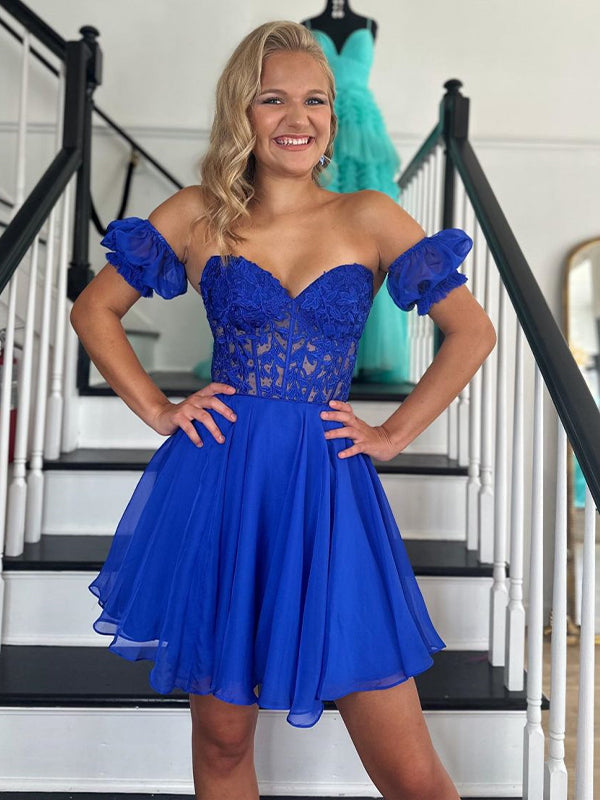 A-Line Off The Shoulder Lace Tulle Short Homecoming Dress