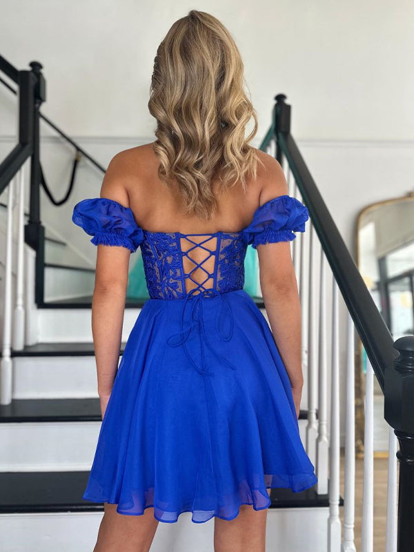 A-Line Off The Shoulder Lace Tulle Short Homecoming Dress