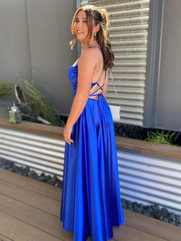 Royal Blue A-line Spaghetti Straps Cowl Neck Satin Prom Formal Dress - View 2 | FashionDia