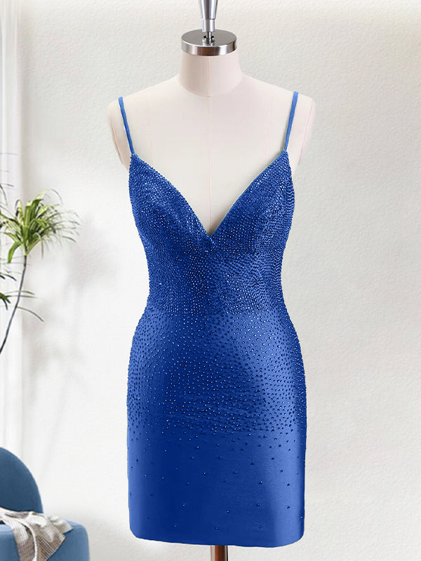 Bodycon Spaghetti Straps Backless Homecoming Dress with Beading - FashionDia