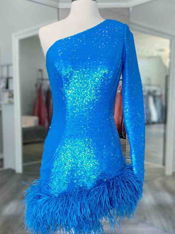 Feather Sequin Bodycon Short Homecoming Dress - FashionDia