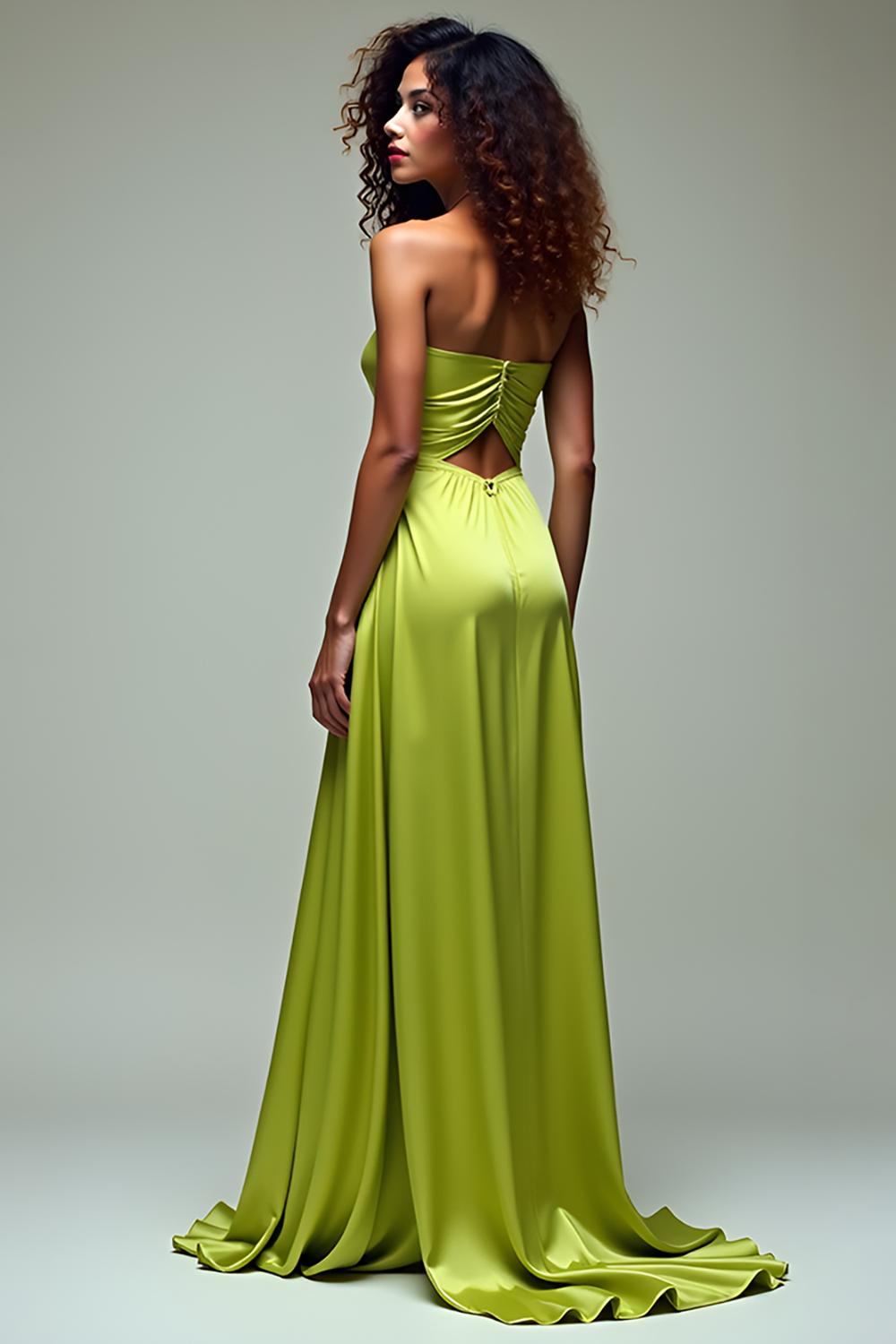 Ruched Square Neck Lemon Green Wedding Guest Dress Long Formal Dress With Slit