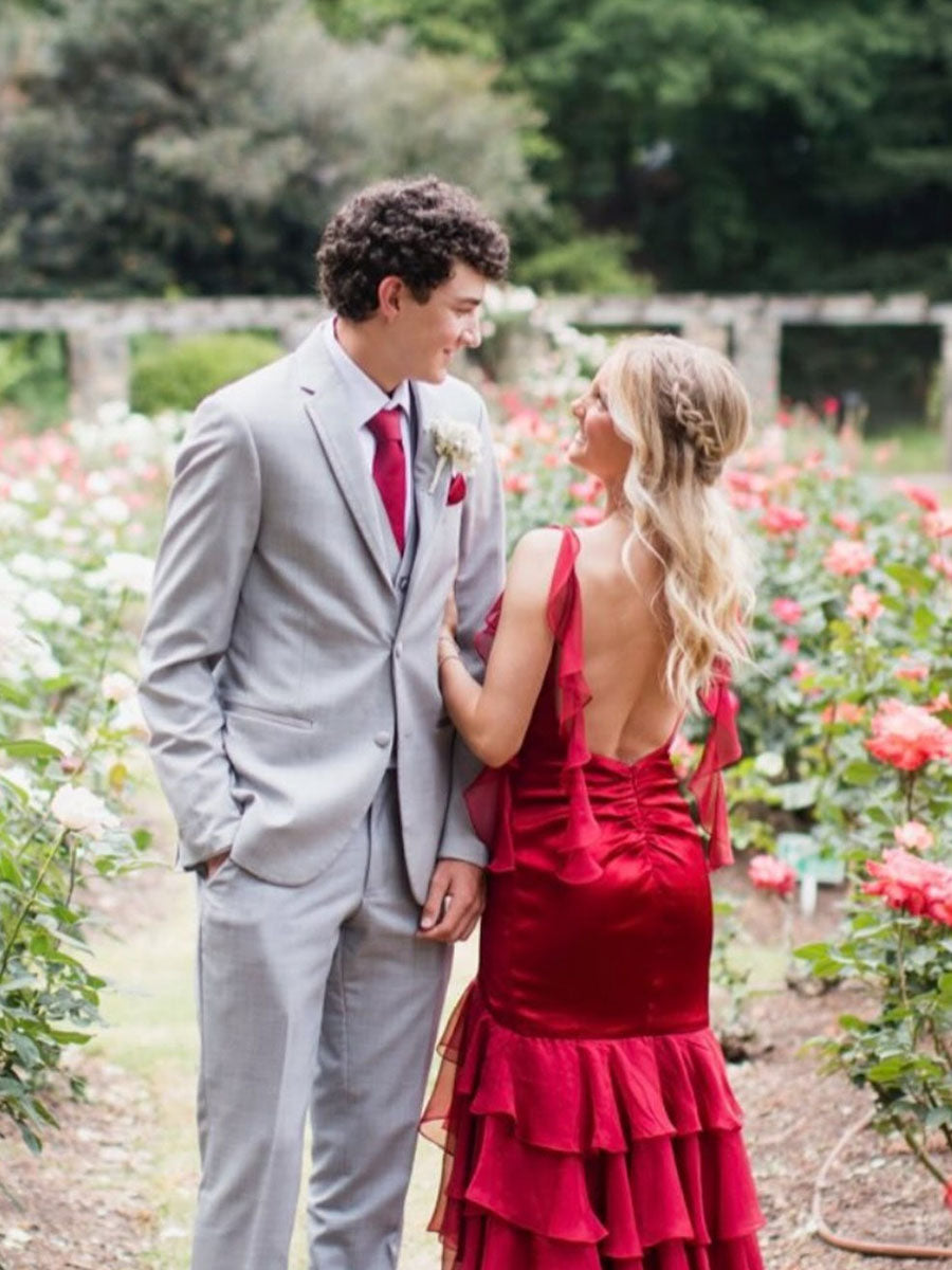 Ruffle Straps Tiered Long Prom Dress with Slit