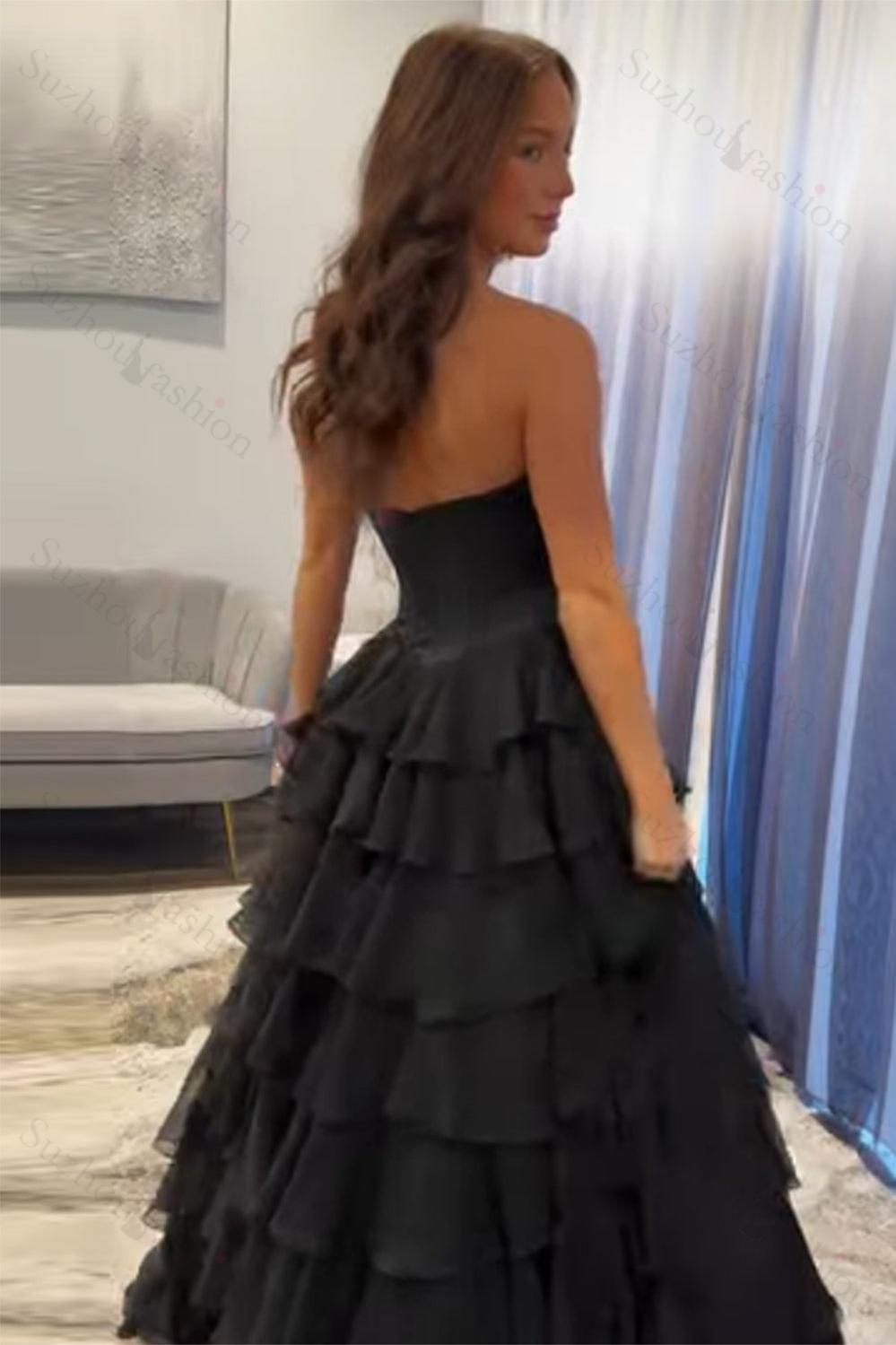 Ruffled Black Prom Dress A Line Corset Long Formal Dress With Beadings