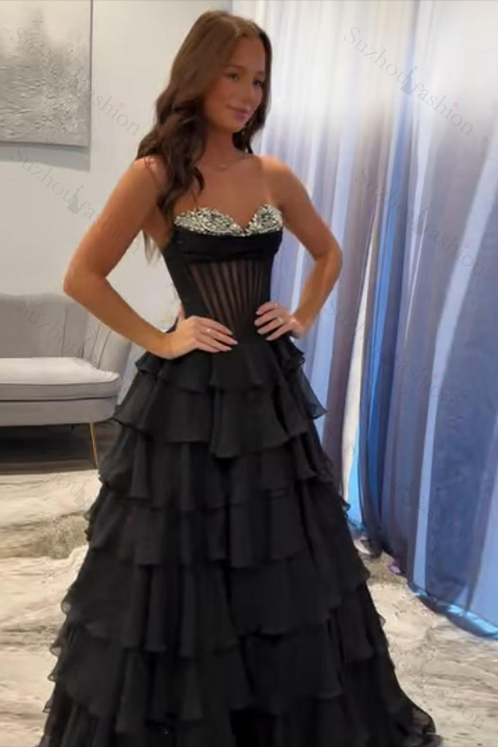 Ruffled Black Prom Dress A Line Corset Long Formal Dress With Beadings