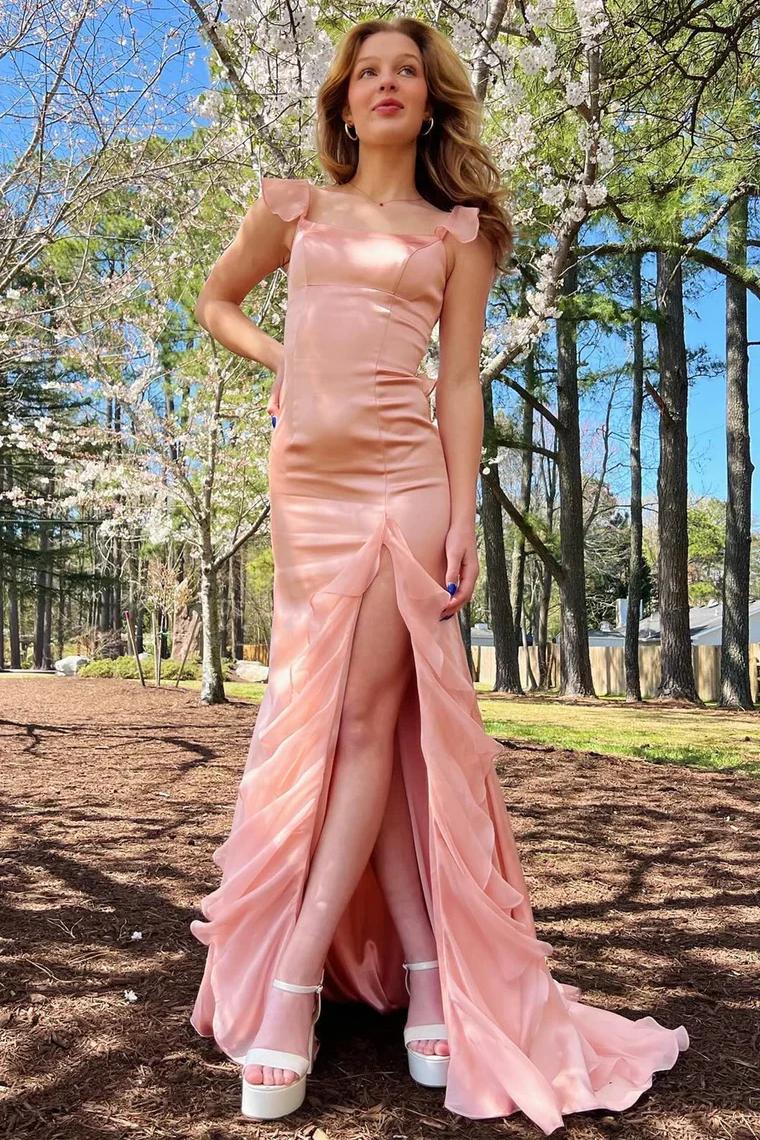 Ruffled Chiffon Prom Dress Sheath Square Neck Evening Party Dress with Slit