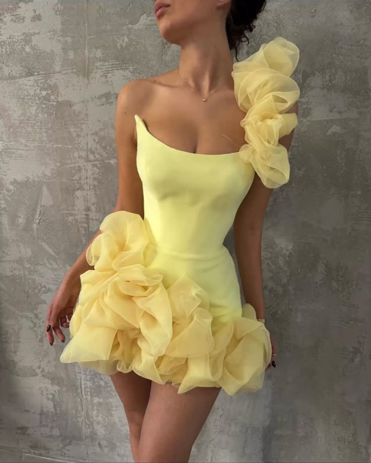 Ruffled One-Shoulder Yellow Sheath Homecoming Dress