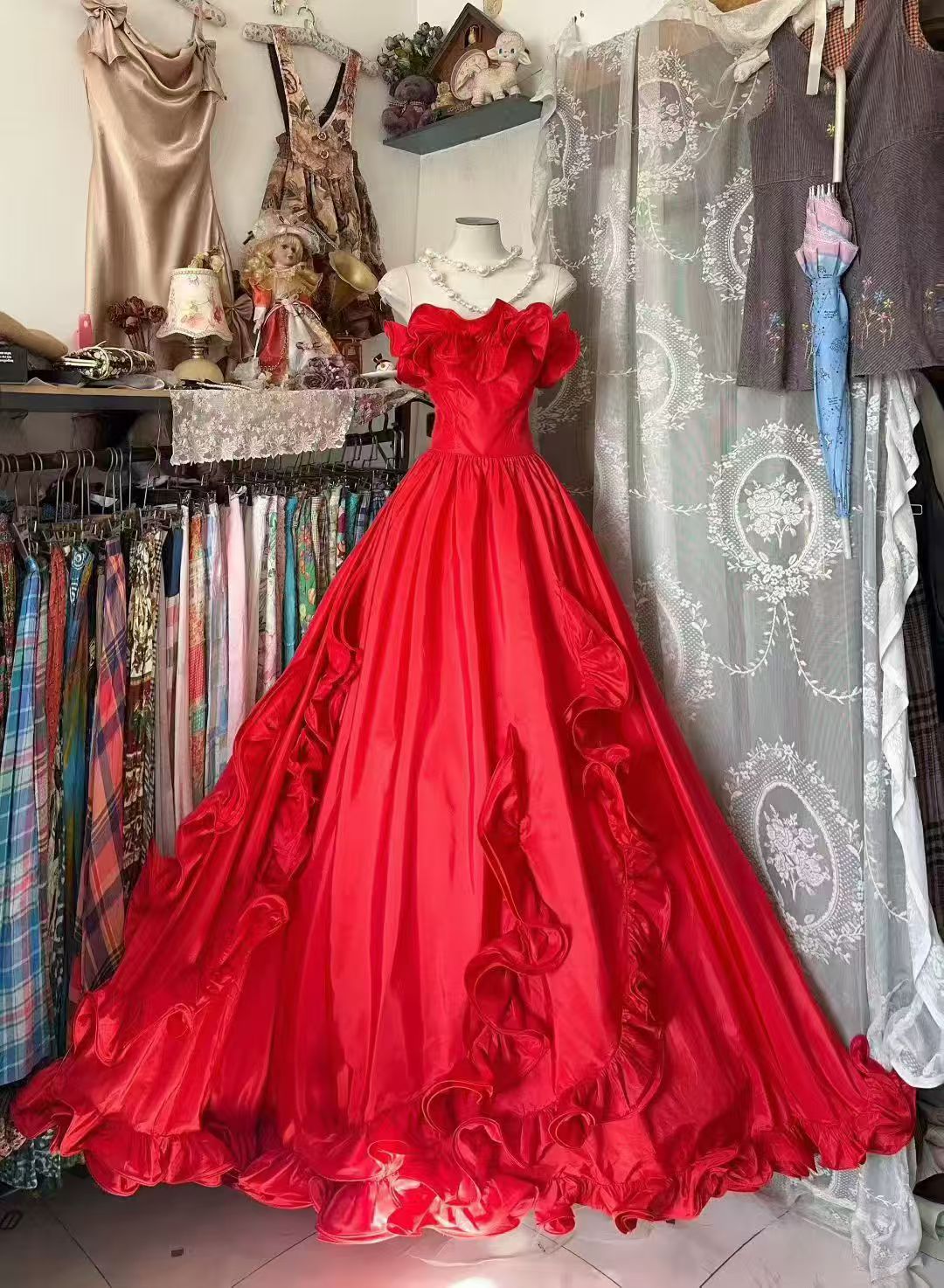 Ruffled Red A Line Prom Dress Formal Wedding Guest Dress  J10522