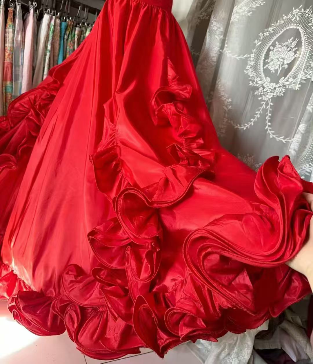 Ruffled Red A Line Prom Dress Formal Wedding Guest Dress  J10522