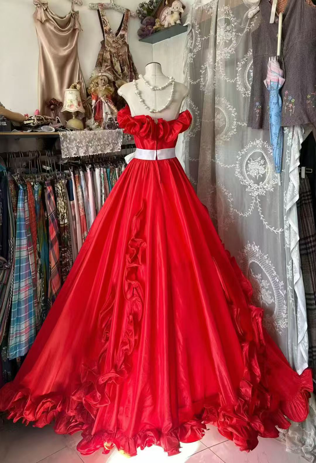 Ruffled Red A Line Prom Dress Formal Wedding Guest Dress  J10522