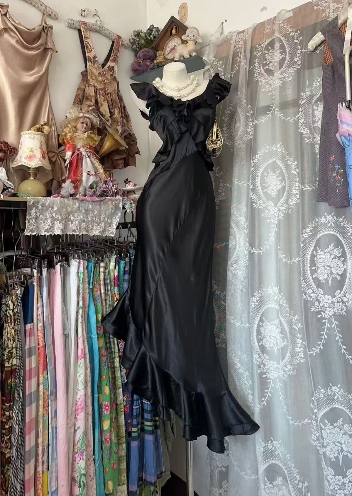 Ruffled Satin Mermaid Evening Dress Black Birthday Dress