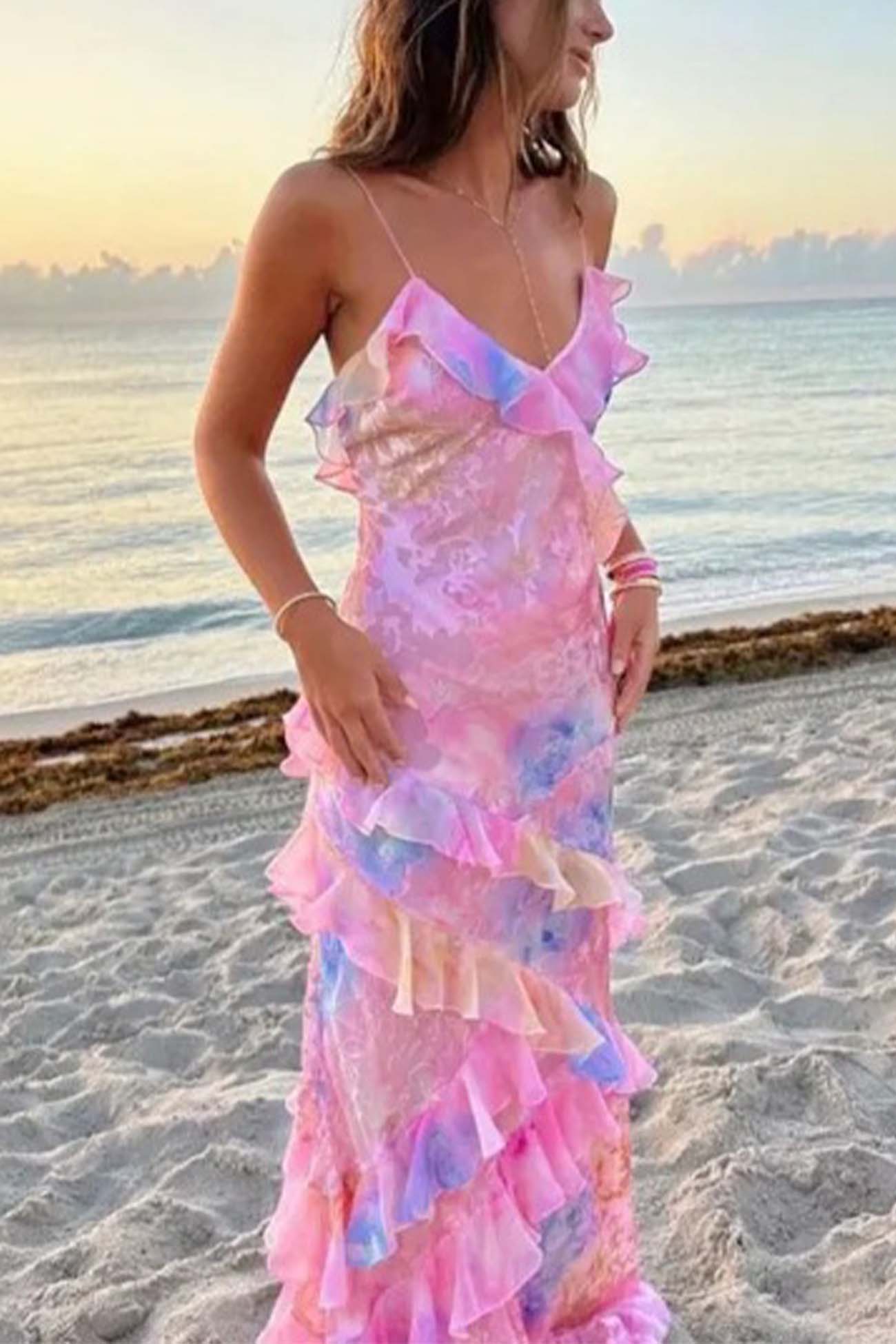 Ruffled Spaghetti Strap Backless Maxi Dress - Fashionpara