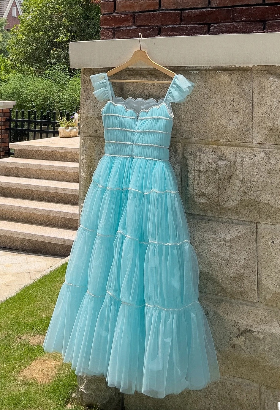 Ruffled Straps A Line Blue Prom Dress Beaded Wedding Guest Dress  J10285