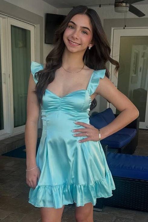 Ruffled Straps Tiffany Blue Satin Homecoming Dress