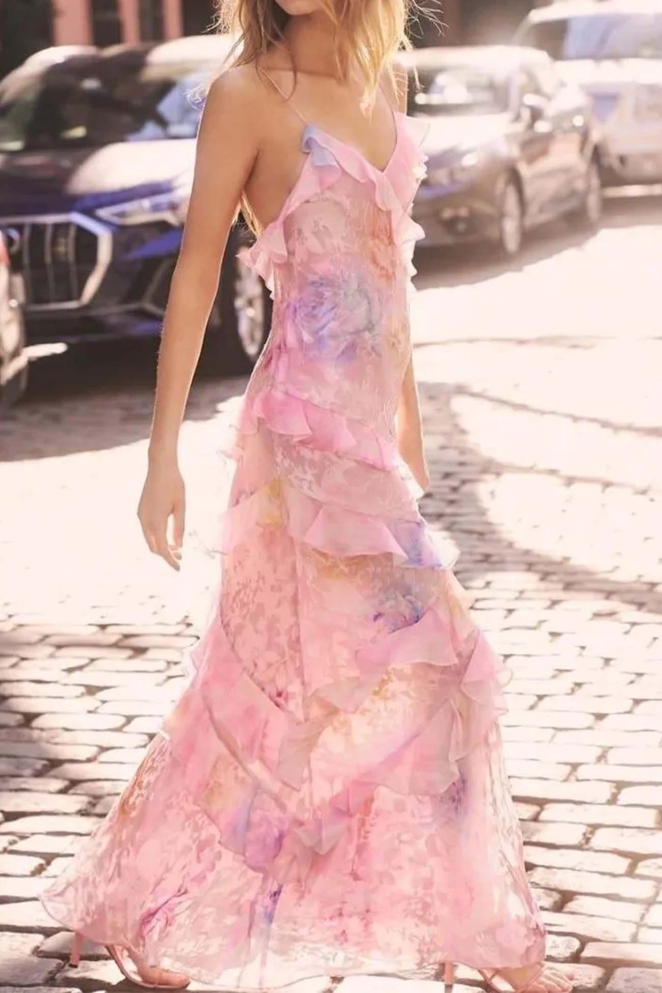 Ruffled Spaghetti Strap Backless Maxi Dress - Fashionpara