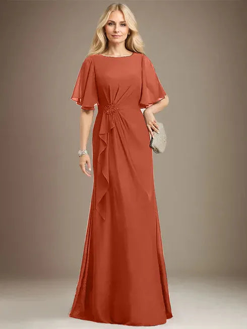 A-line Scoop Floor-Length Chiffon Mother of the Bride Dress With Cascading Ruffles Beading Sequins