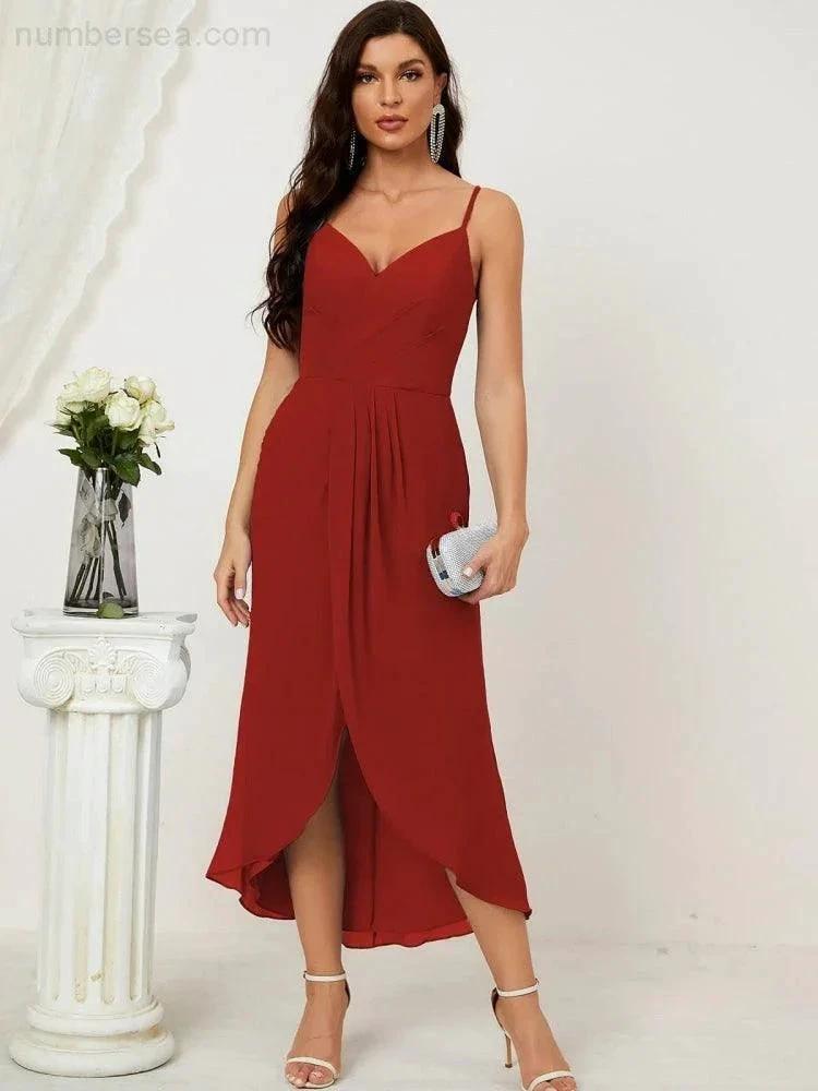 ZapDress Spaghetti Chiffon V Neck Bridesmaid Dress Mid-Length Slit Formal Prom Dress Homecoming Dress 2803 (ZD16952)