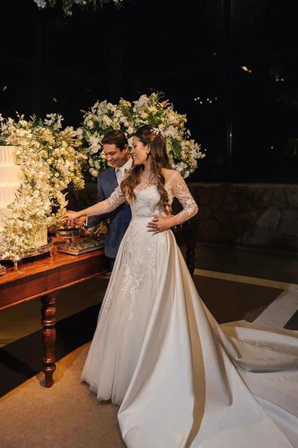 Rustic Lace Long Sleeves Tulle Wedding Dress With Detachable Satin (ZD16191)