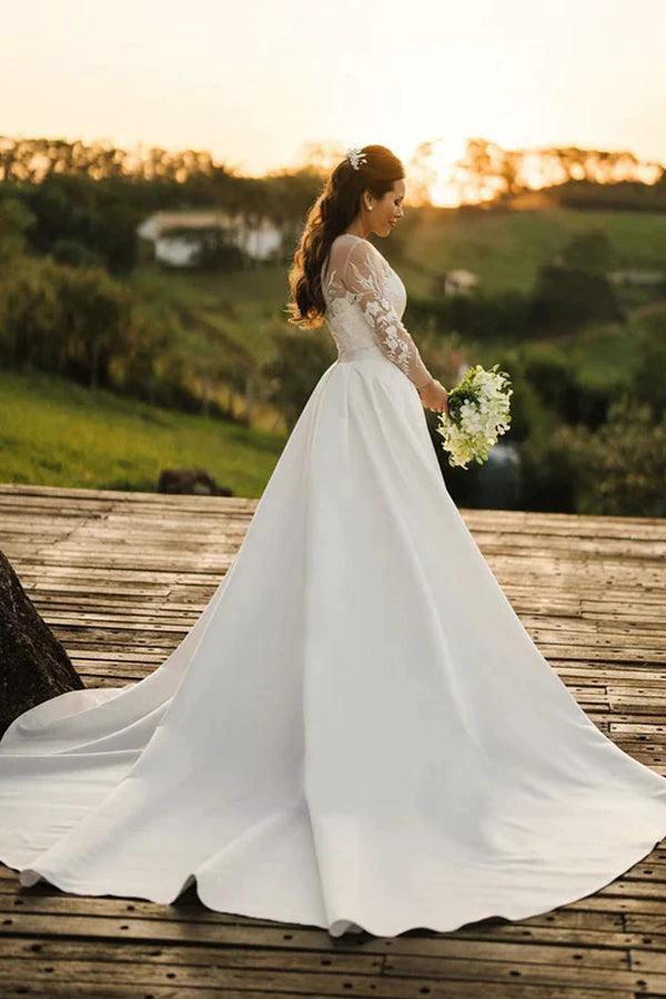 Rustic Lace Long Sleeves Tulle Wedding Dress With Detachable Satin (ZD16191)
