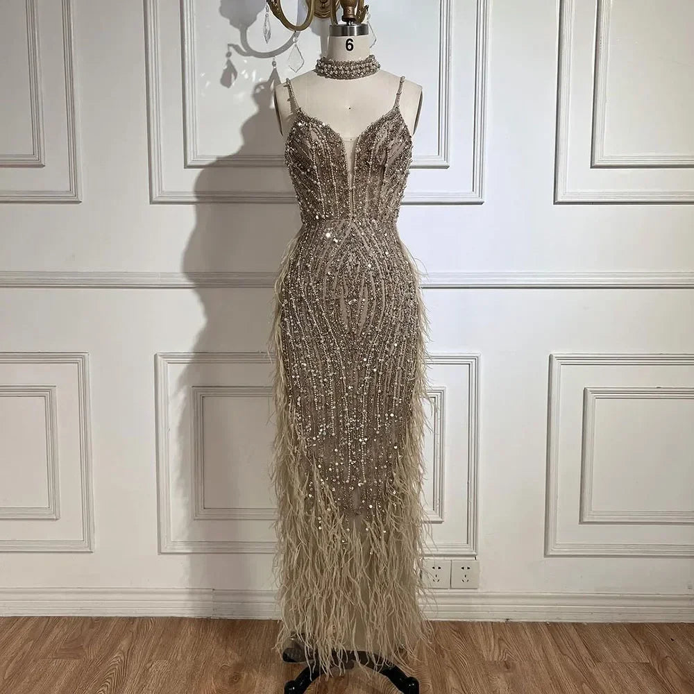 Zapdress Customized White Nude Mermaid Beaded Feather Evening Gowns 2026 Wedding Party Prom Dresses For Women (ZD17271)