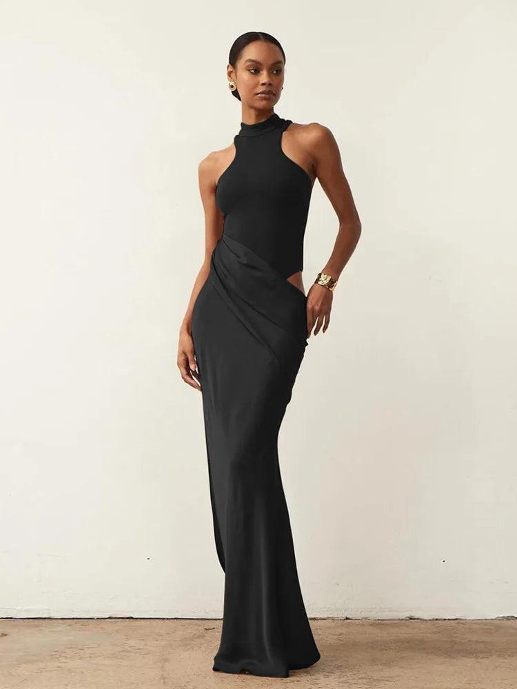 Satin Hollow Out Black Maxi Dress - View 4 | VelvetHem