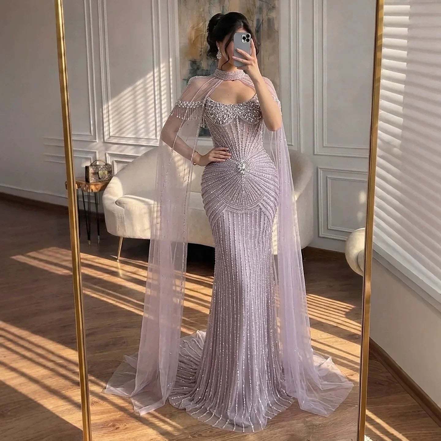 Zapdress Caramel Pearl Beaded Illusion Mermaid Evening Gown 2026 Party Dresses with Sheer Cape DLA73148C Customized (ZD17234)