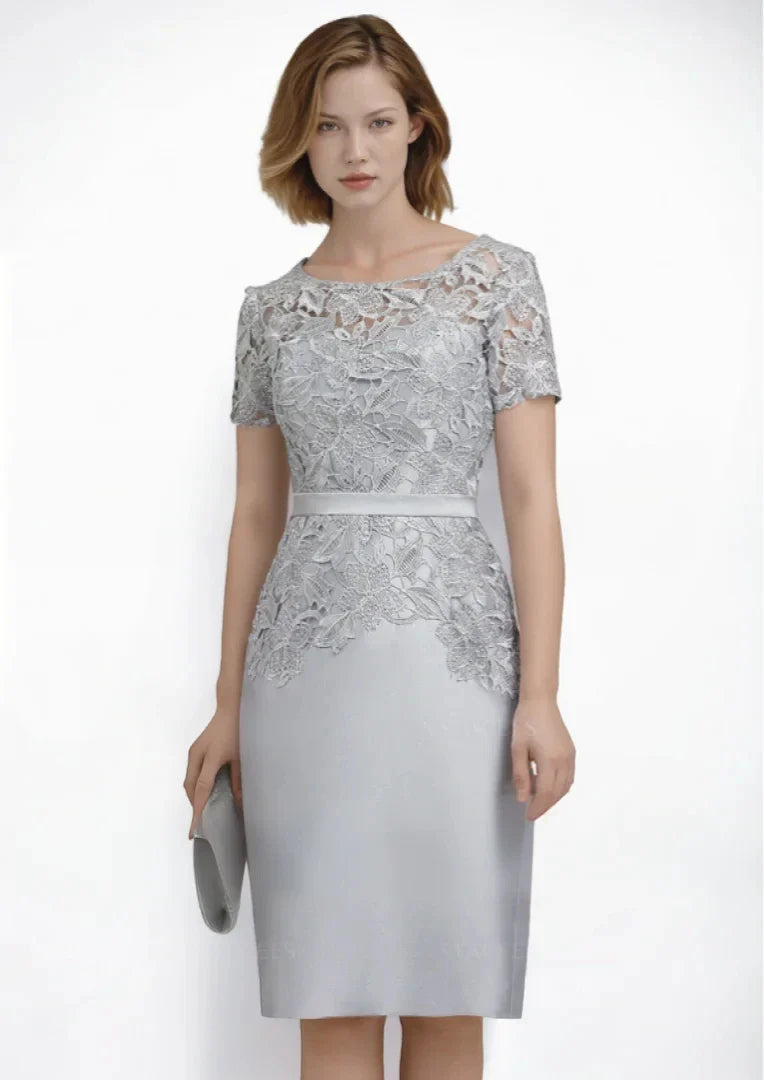 Mother Of The Bride Dress - Elegant Formal Evening Dress Satin Scoop Neck Knee-Length Cocktail Dress Applique Mother of the Bride Dress Free Customized