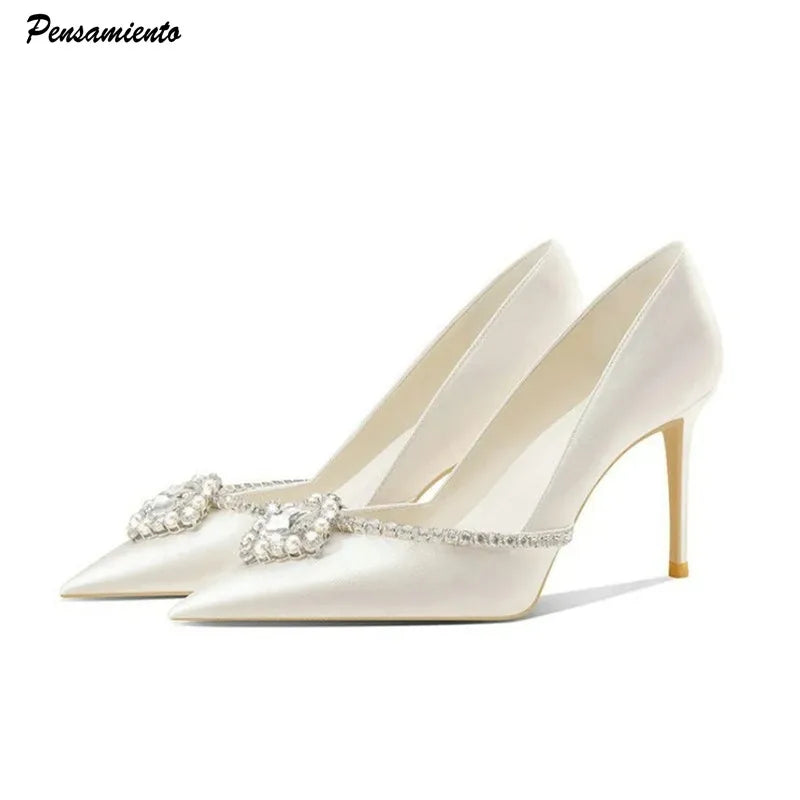 Luxury Rhinestones Satin Women Pumps Spring Summer Fashion Pointed toe Office Lady High heels Female Wedding Bridal Dress Shoes