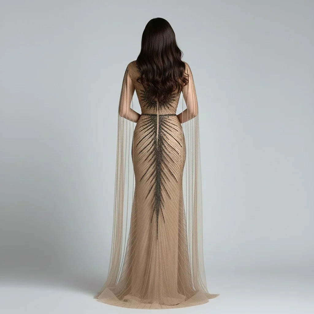 Zapdress Luxury Beaded Mermaid Evening Dresses with Cape Sleeves Caramel Formal Party Gown for Women Customized (ZD17180)