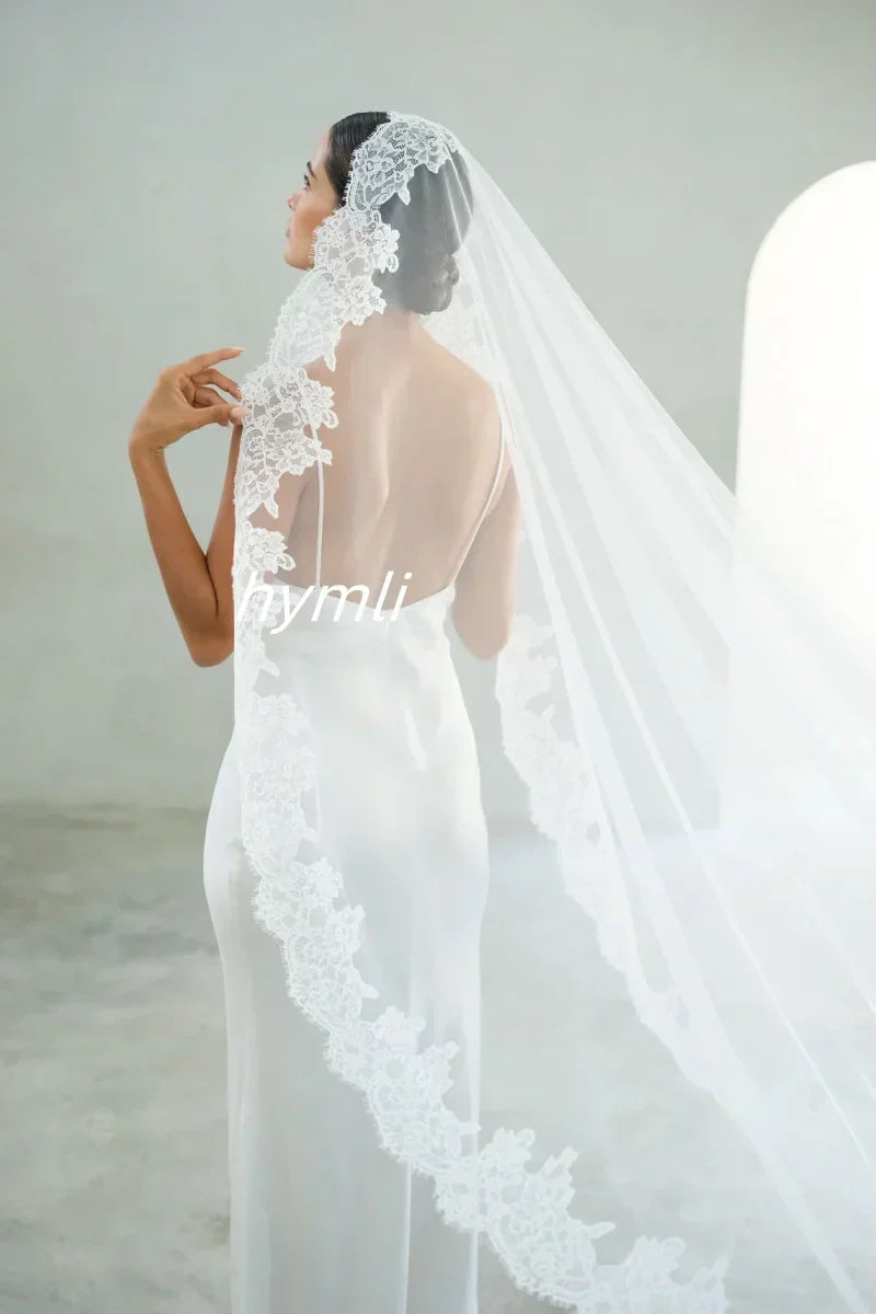 New One Tier Bridal Veil with Eyelash lace Trim Mantilla Lace Veil Soft Wedding Veil