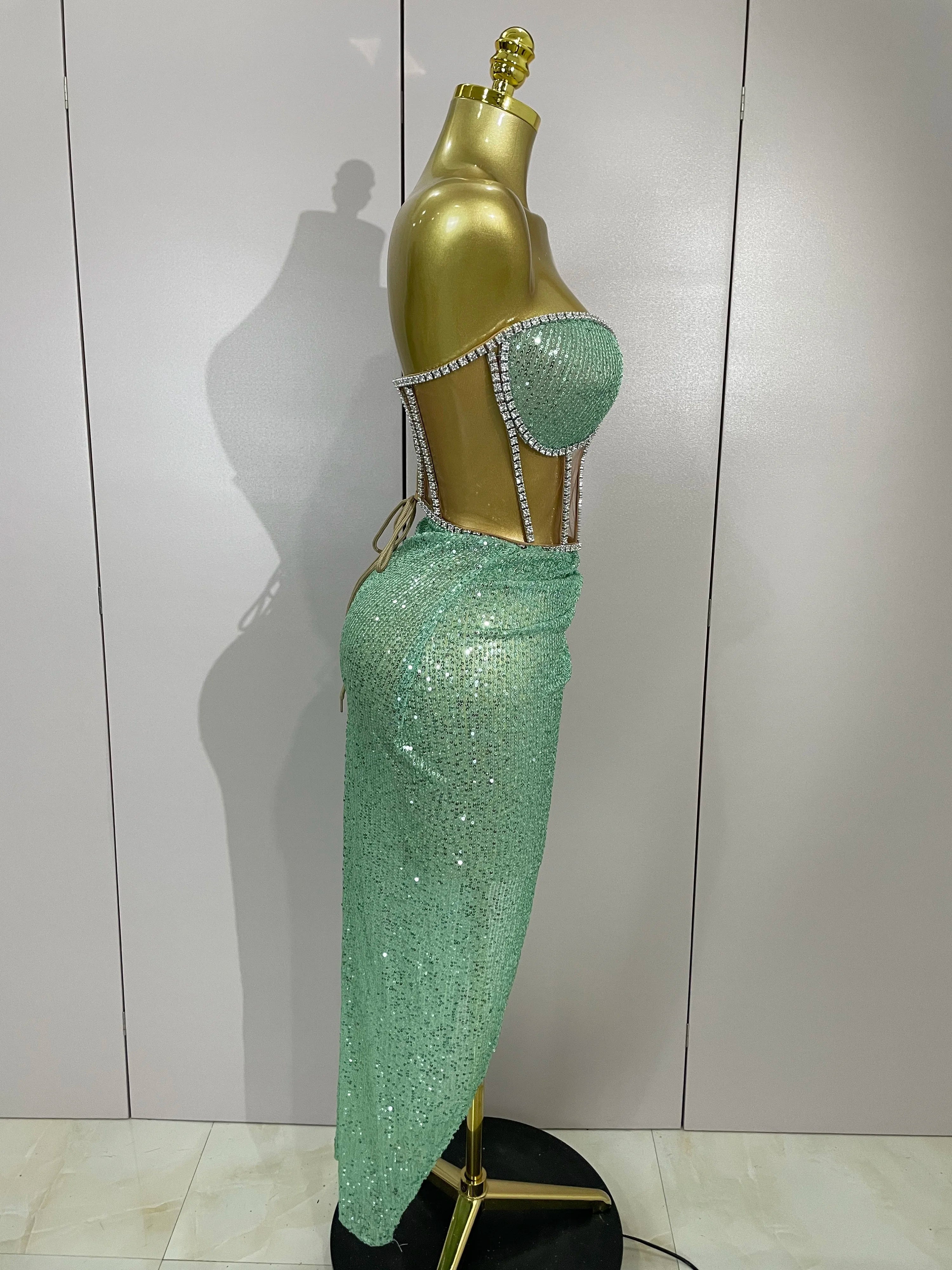 Sparkly Sequins Diamond Birthday Party Two Piece Set Evening Dress  Women Sexy Singer Dancer NightClub Bar Performan Costume