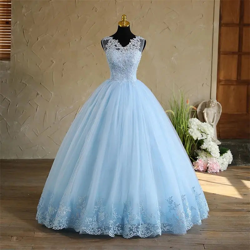 Spring New Sky Blue Quinceanera Dresses Sleeveless V-neck For Party Sweet Ball Gown Lace Appliques Prom Dress Customize Vestido (ZD17290)