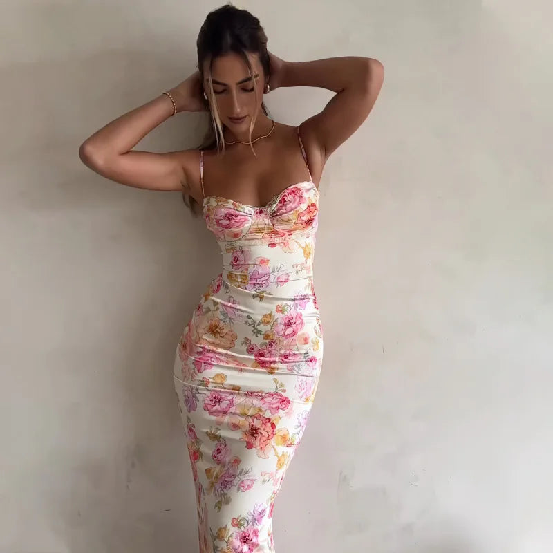 Floral Suspender Split Slim Sleeveless Slip Dress - View 2 | VelvetHem