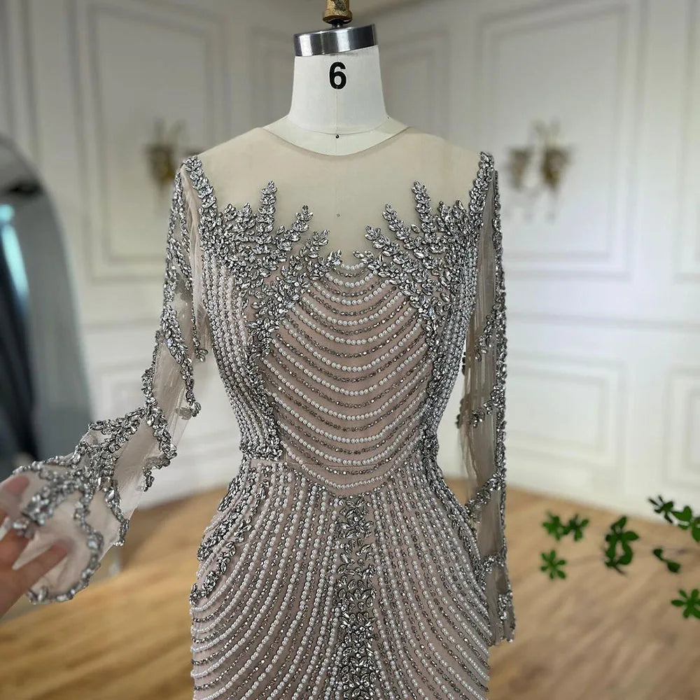 Zapdress Customized Sliver Nude Long Sleeves Pearls Beaded Luxury Evening Dresses Formal Party Gowns for Women (ZD17275)