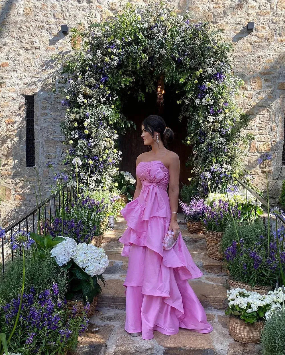 Elegant Purple Prom Dress Strapless Satin Tiered Reched Ruffles Formal Evening Dress Floor Length Party Gowns