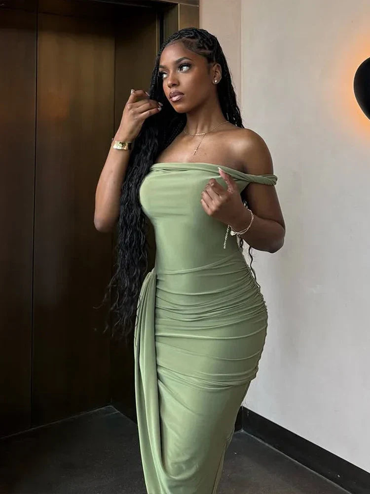 Ruched Off Shoulder Slim Midi Dress - View 4 | VelvetHem