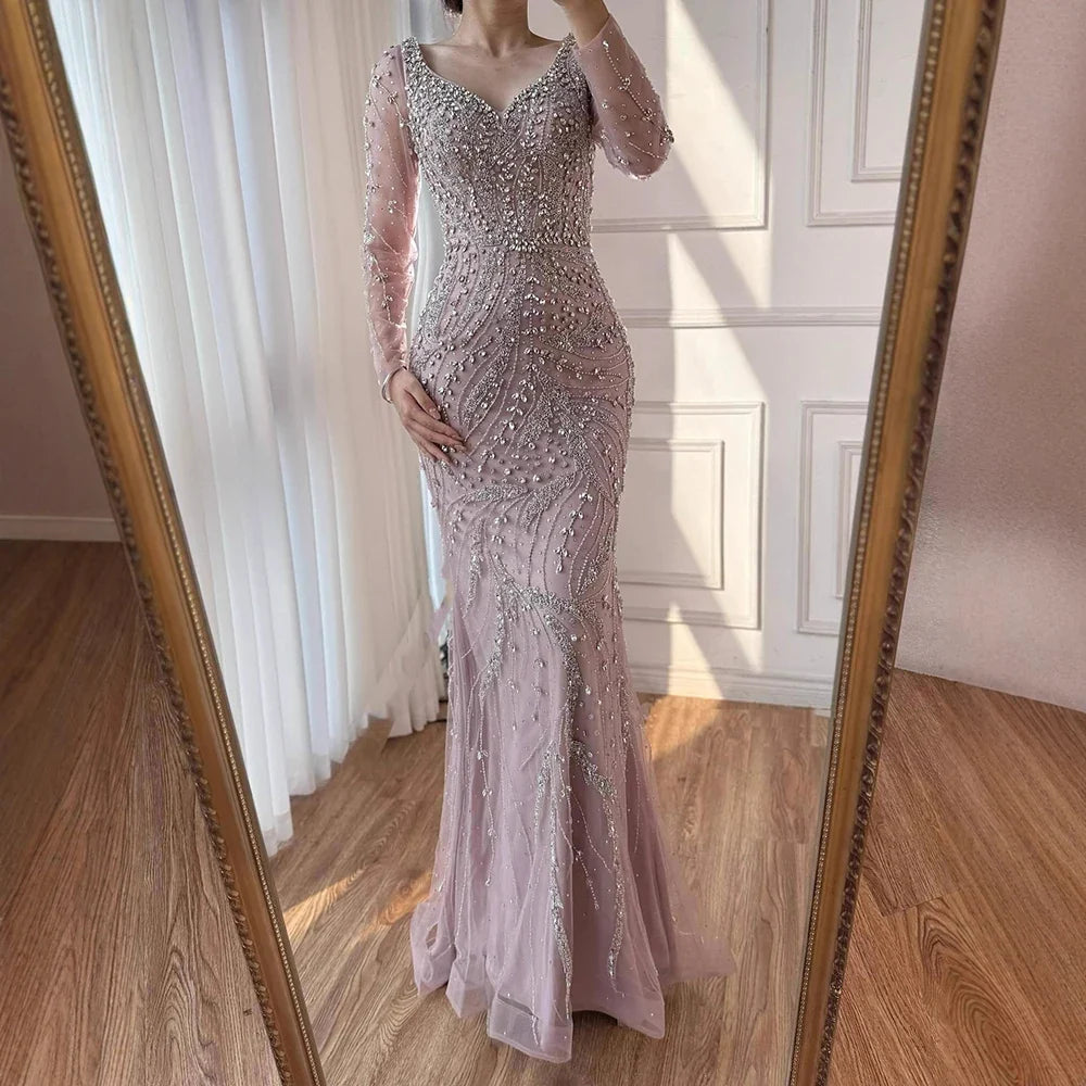 Zapdress Pink V-neck Long Sleeves Mermaid Luxury Beaded Evening Dress 2026 Wedding Party Gowns DLA73191 Customized (ZD17300)