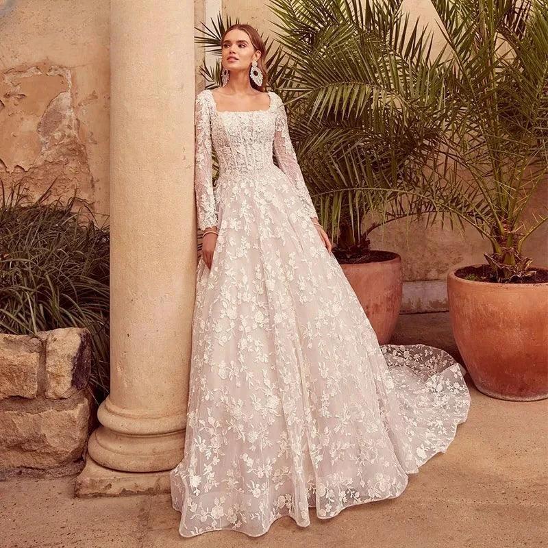 Square Collar A-line Wedding Dress Lace Appliques Long Sleeves Court Train vestidos de novia (ZD14015)