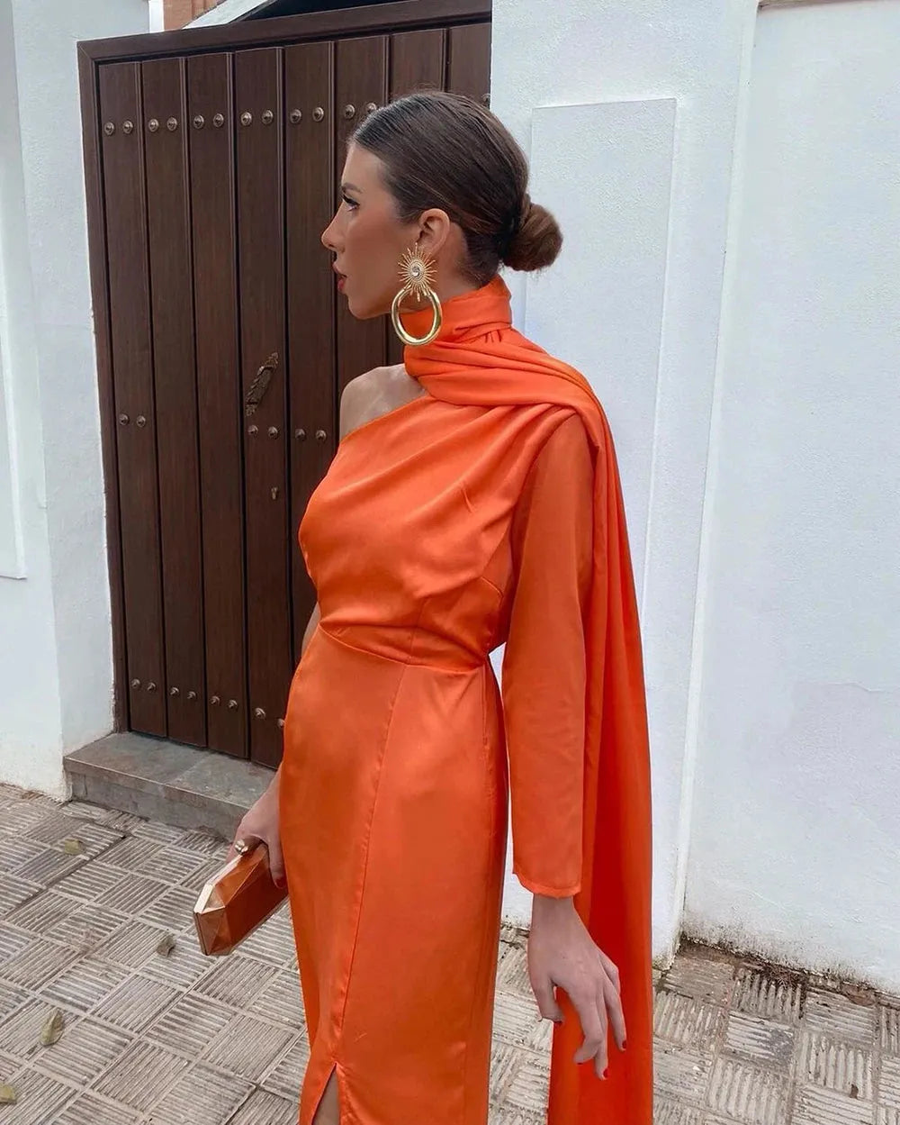 Orange Modern Prom Dresses One Shoulder Leg Slit Satin Bridesmaid Mermaid Party Gowns Formal Occasion Dresses