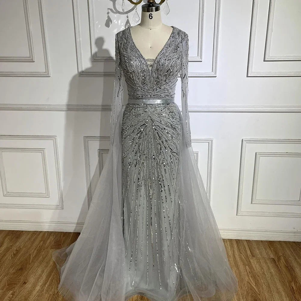 Zapdress Customized Turquoise Long Sleeves Mermaid Beaded Evening Dresses Overskirt Party Gowns For Women DLA72239A (ZD17191)