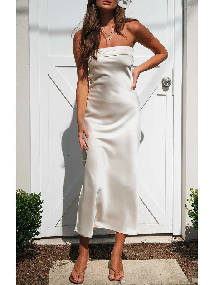 Off Shoulder Tube Elastic Silk Dress - View 6 | VelvetHem