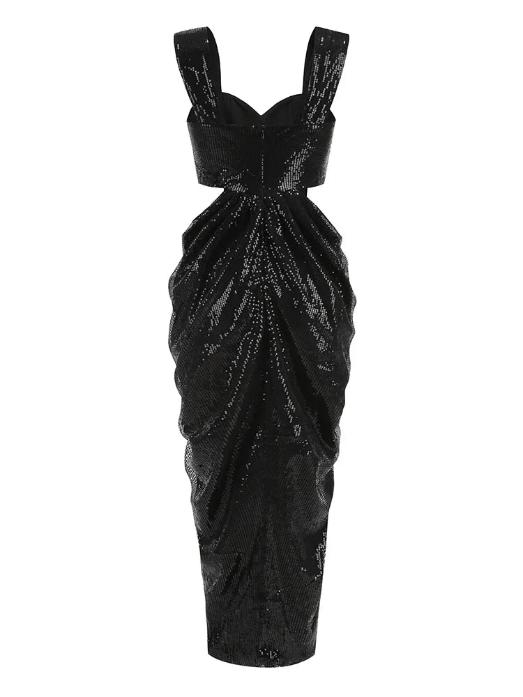 3D Flower Shiny Sequins Folds Long Dress