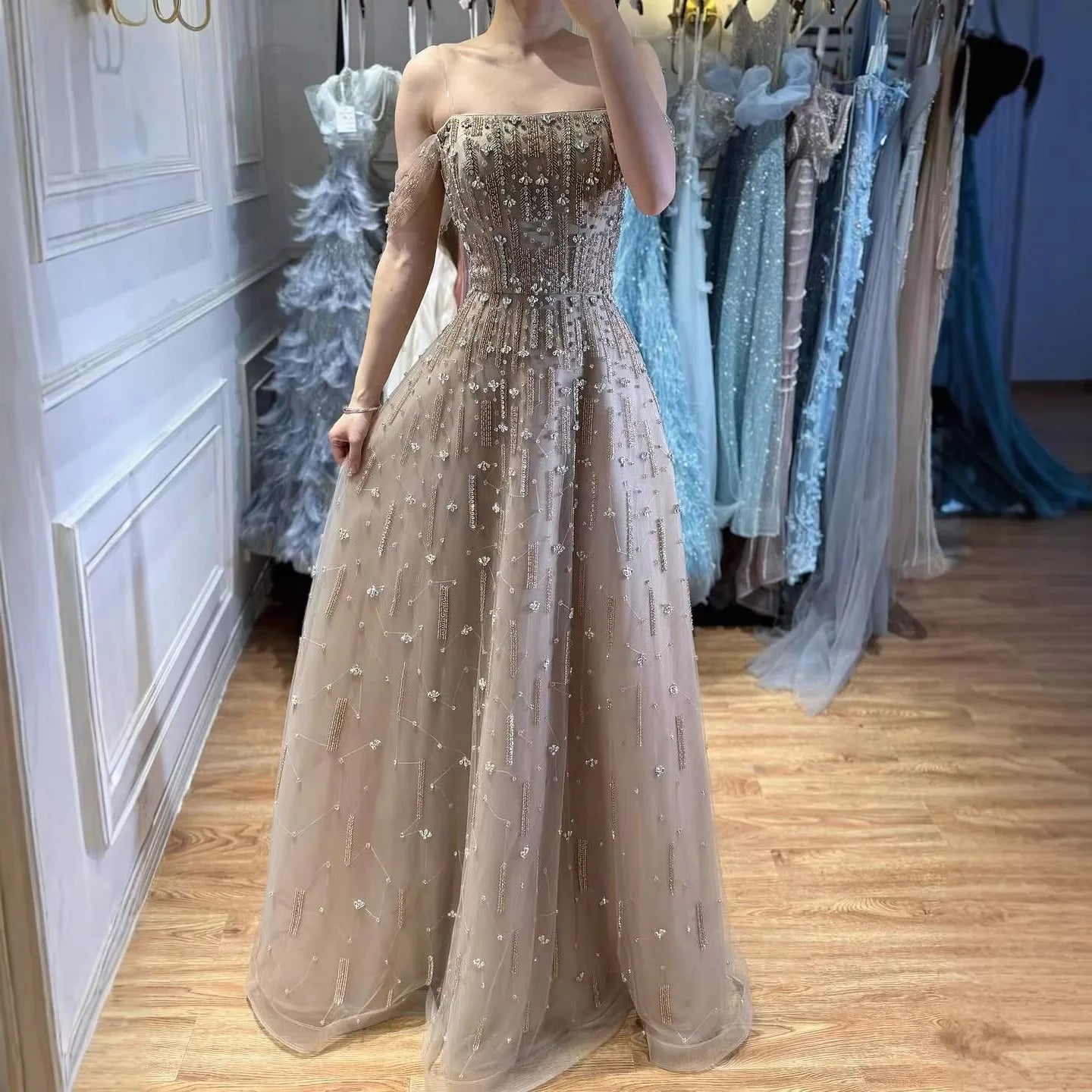 Zapdress Caramel A-Line Beaded Evening Gown Off Shoulder Formal Party Prom Dress Robe de Soirée 2026 Customized (ZD17268)