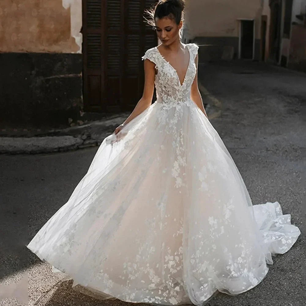 Deep V-neck Wedding Dresses Sexy Open Back Vestidos De Novia Cap Sleeve Appliques Vestido De Noiva by payinti