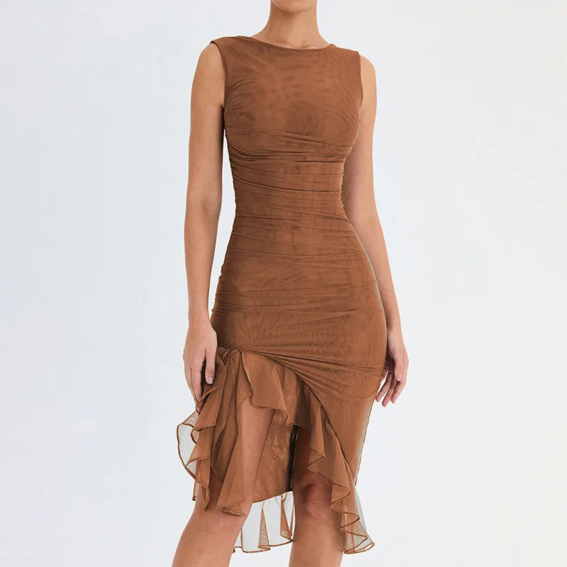 Mesh Tight Backless Irregular Pleated Work Dress - View 7 | VelvetHem