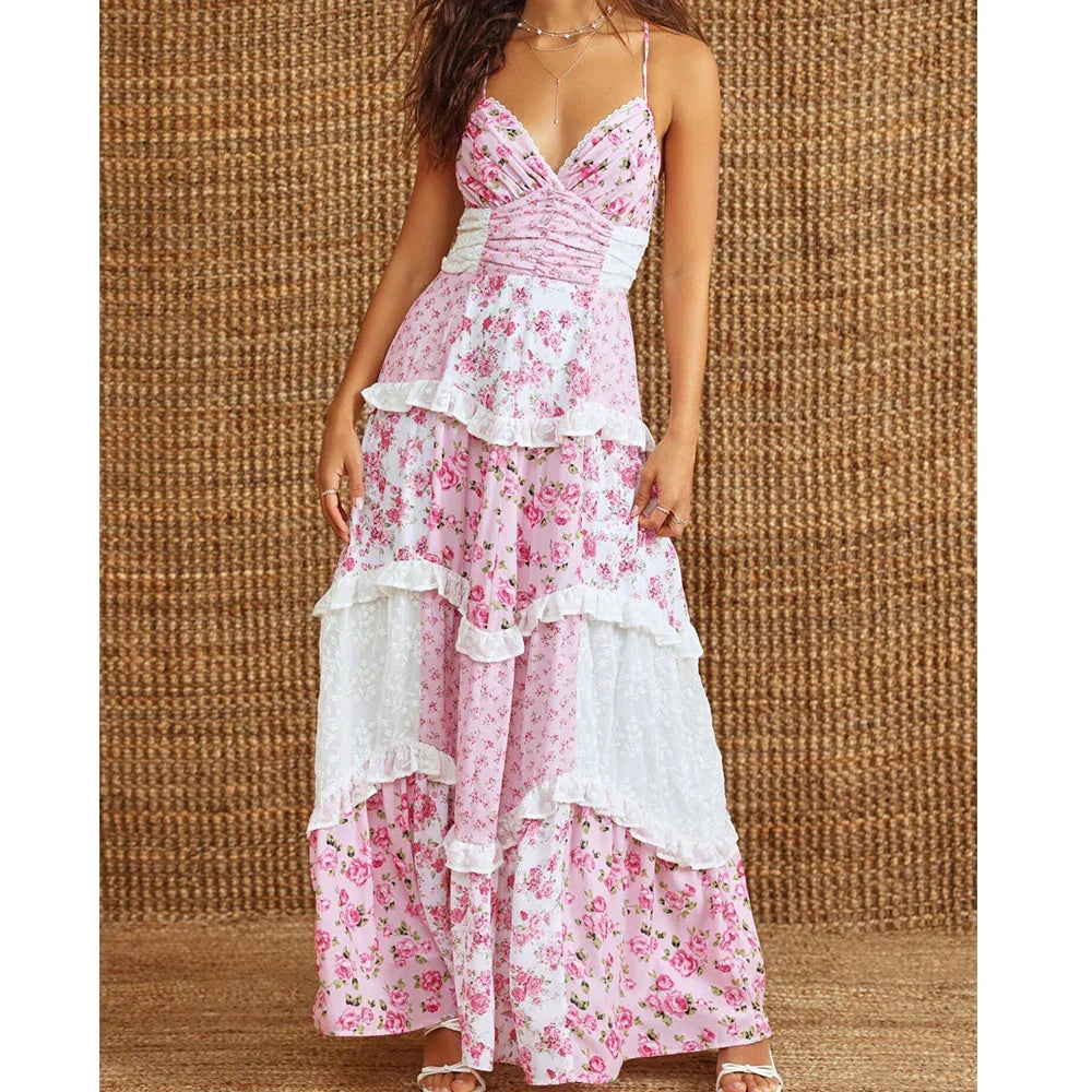 Boho Tie Shoulder Patchwork Floral Dress - View 2 | VelvetHem