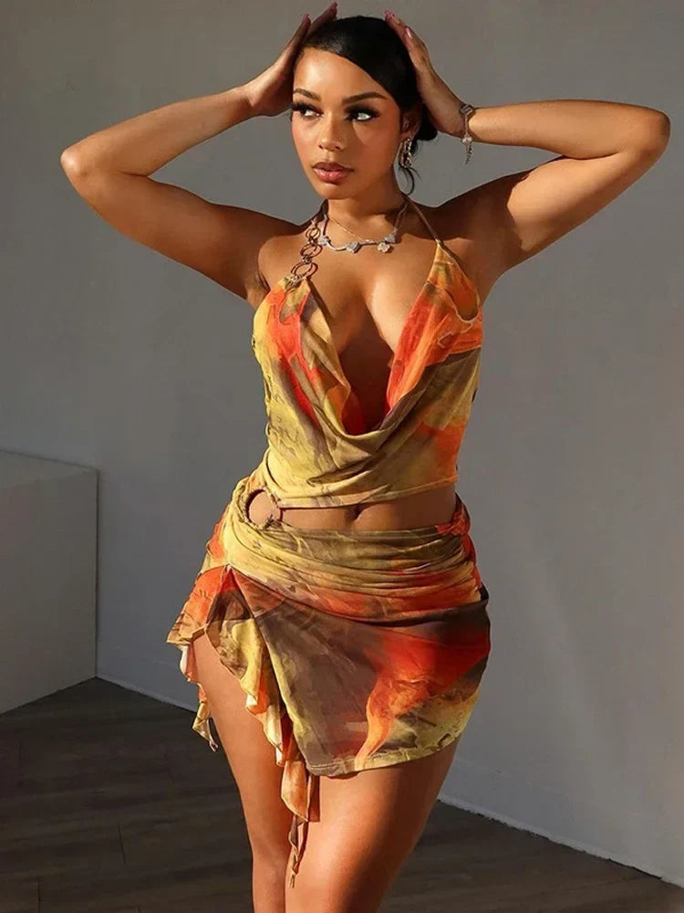 Tie Dye Halter Cut Out Ruffle Mini Dress - VelvetHem