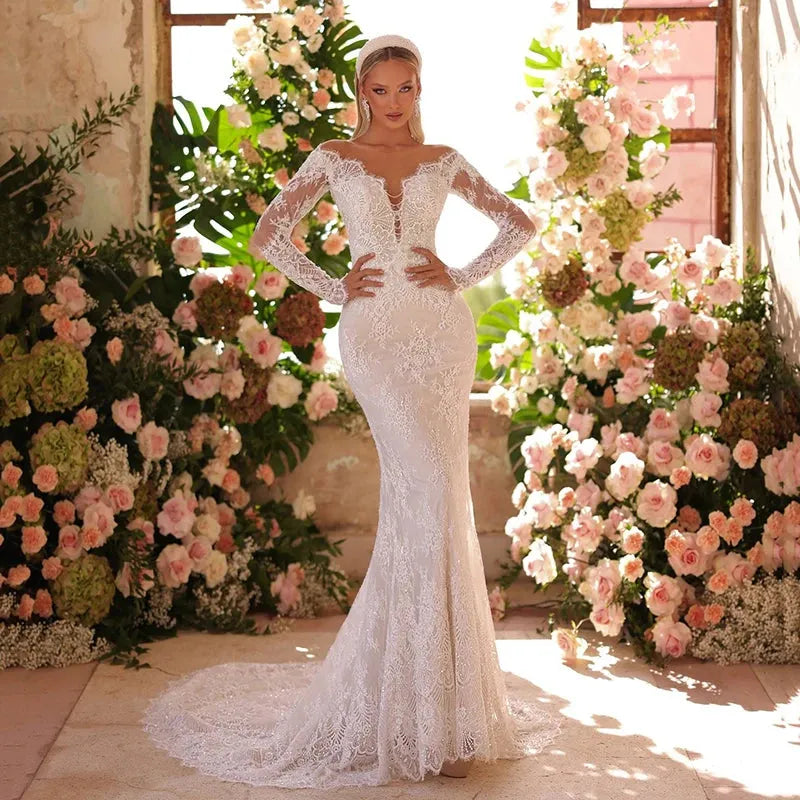 Mermaid Wedding Dresses Off The Shoulder Long Sleeves Lace Bridal Dress Elegant Wedding Prom Ball Gowns Customized Custom Color